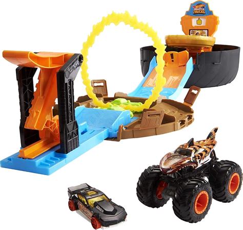 Reach new heights with the Monster Jam World Finals Big Air Challenge This playset is over 20 inches tall and features an exclusive Monster Jam 30th Anniversary Stunt toy truck, launcher, and panel target, only at Walmart. . Monster jam track set